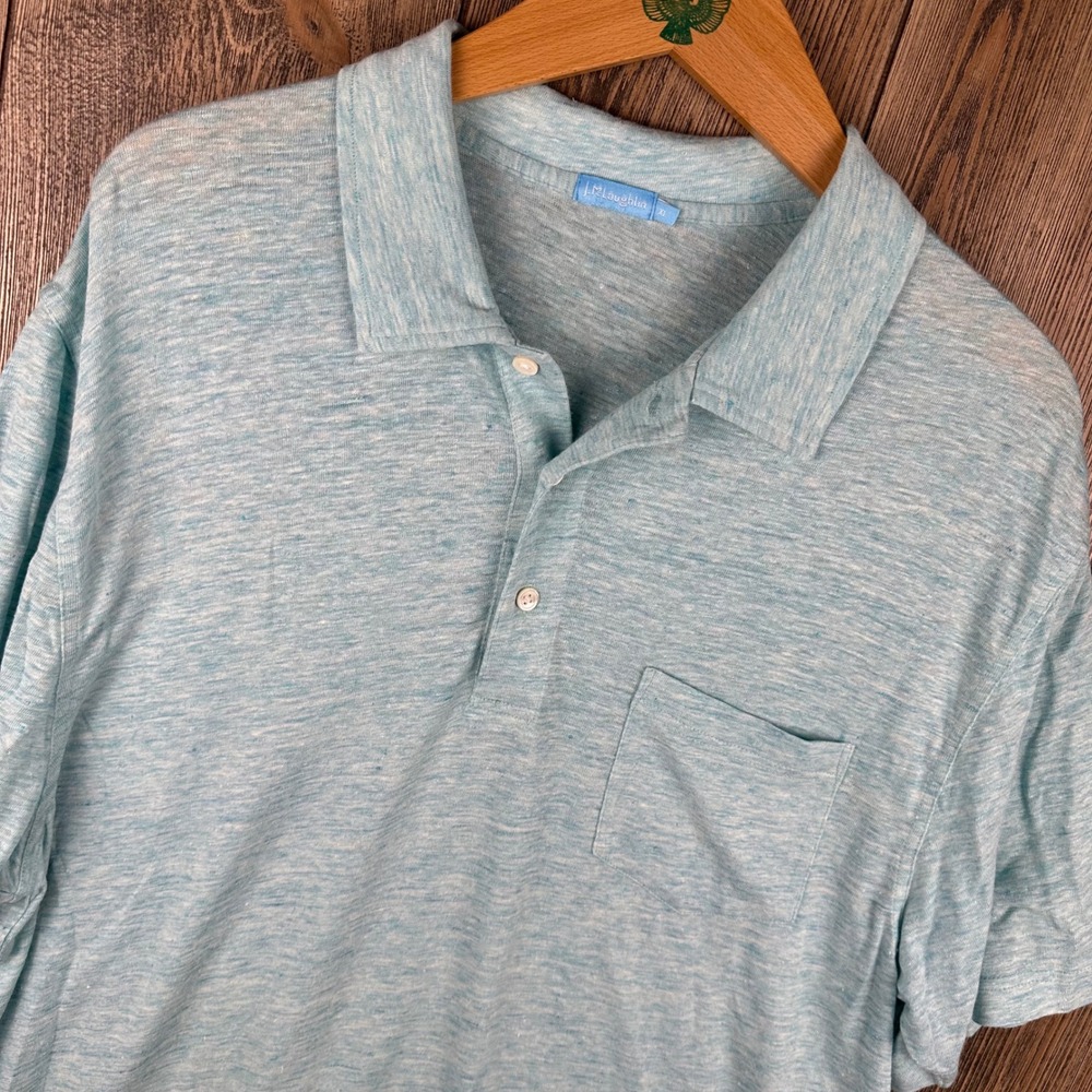 J. McLaughlin Linen Blend Polo Shirt Mens XL Light Blue Short Sleeve Pocket
